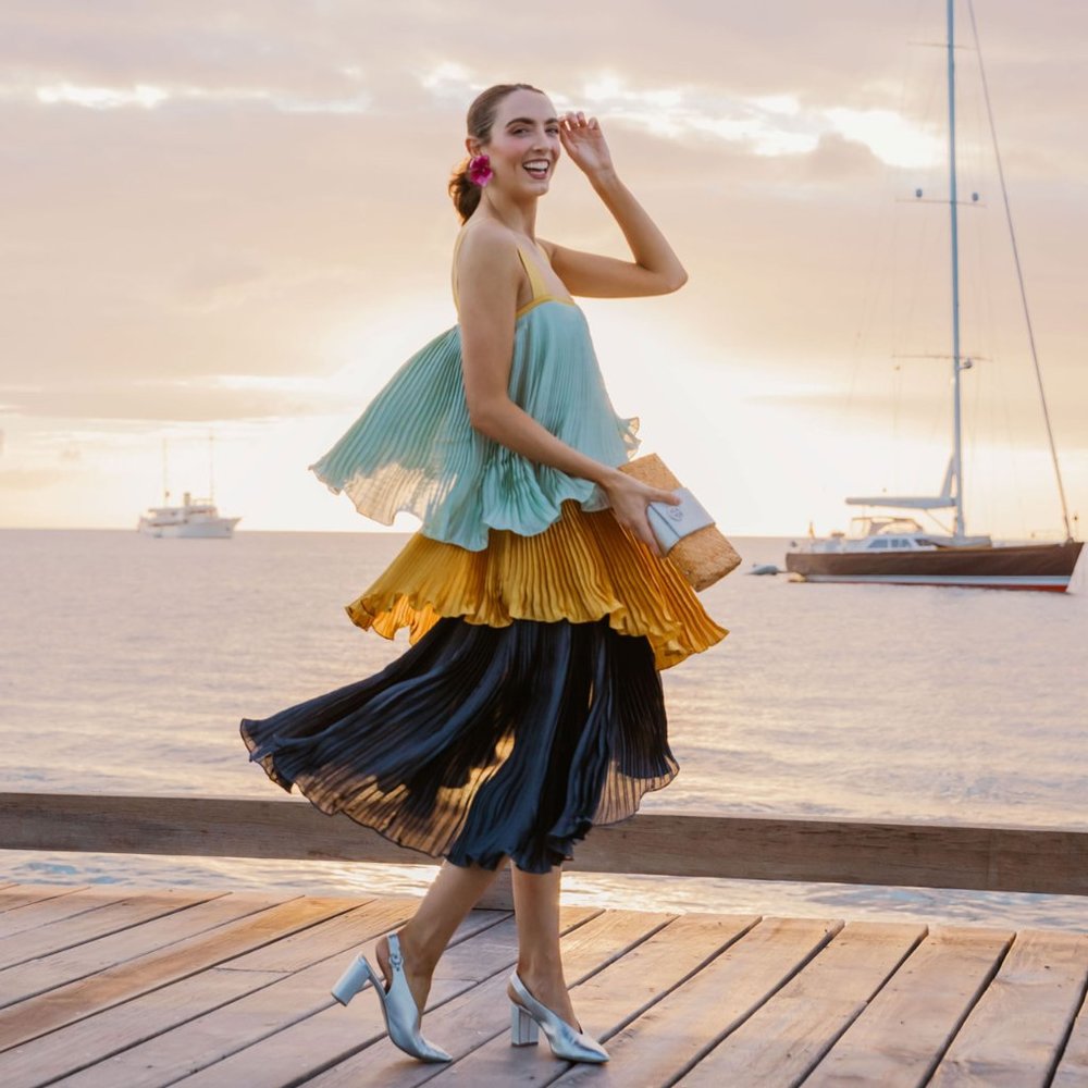 Anthropologie Guapa Pleated Color Block Gold Blue Tiered Dress